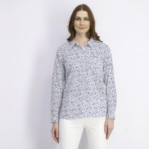Womens All Over Print One Pocket Long Sleeve Blouse White/Navy Blue