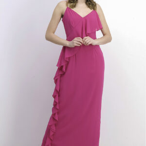 Womens Asymmetrical Ruffle Column Gown Fuchsia Pink