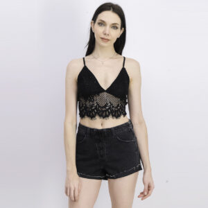 Womens Beads & Lace Detail Crop Top Black