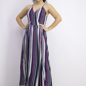 Womens Belted Metallic Striped Maxi Dress Purple Combo
