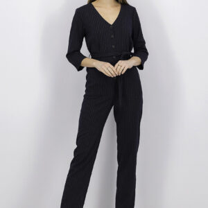 Womens Belted Pinstriped Long Jumpsuit Navy