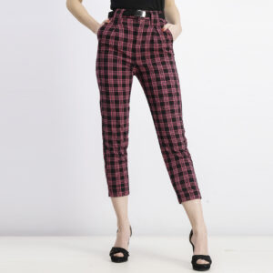 Womens Belted Plaid Trouser Black/Pink