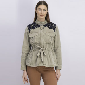 Womens Belted Utility Jacket with Lace Detail Beige Combo