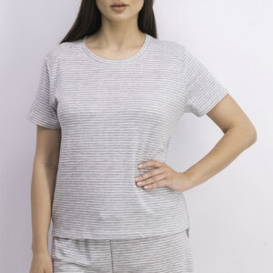 Womens Butter Knit Crew Neck T-Shirt With Tie Front Short Sleepwear Set Grey/White