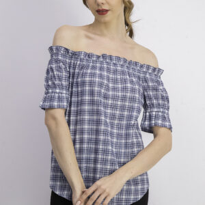 Womens Checkered Off Shoulder Top Blue
