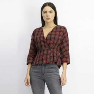 Womens Checkered V-Neckline Top Red Combo