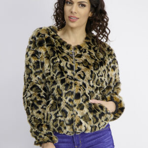 Womens Cheetah Fur Long Sleeve Jacket Brown Combo