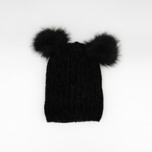 Womens Chenille Beanie with Poms Black