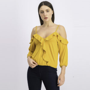 Womens Cold Shoulder Cropped Top Mustard