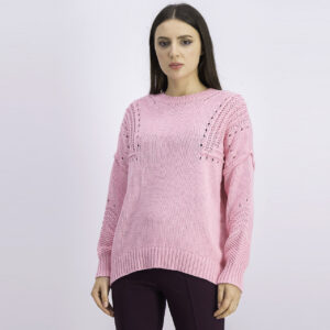 Womens Copycat Eyelet Ribbed Trim Pullover Sweater Pink