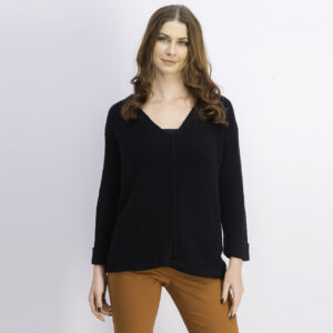 Womens Cotton Textured V-Neck Sweater Deep Black