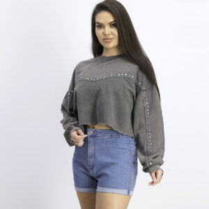 Womens Cropped Sweatshirt with Stud Grey Washed