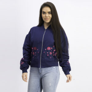 Womens Floral Embroidered Bomber Jacket Navy