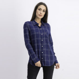 Womens Front One Pocket Long Sleeve Blouse Navy Blue Combo