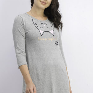 Womens Graphic Print Long Sleeve Sleepwear Dress Heather Grey