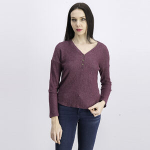Womens Juniors Henley Waffle Knit Top Ethereal Plum