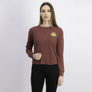 Womens Juniors Waffle-Knit Graphic Top Oxblood Red