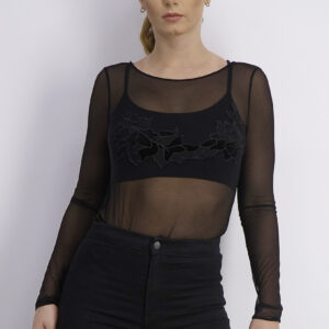 Womens Lace Longsleeve Velvet Bodysuit Black