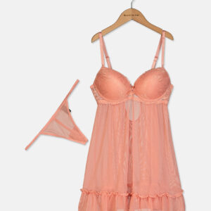 Womens Lace Thong And Night Gown Set Rose