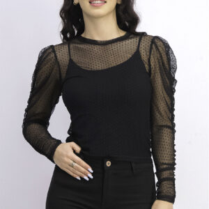 Womens Long Sleeve Textured Lace Top Black