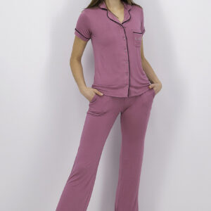 Womens Notched Collar Top & Pants Sleepwear Set Mauve/Pink