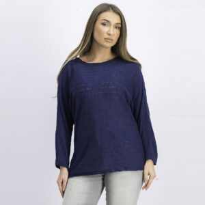 Womens Petite Ribbed Drop-Shoulder Pullover Top Timeless Navy