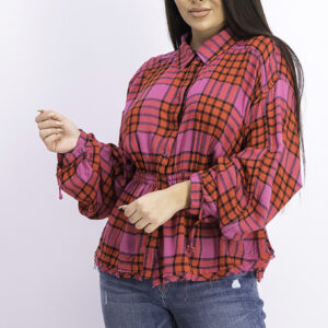 Womens Plaid 3/4 Sleeve Collared Button Up Top Red Combo