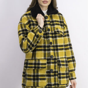 Womens Plaid Button Down Polyester Coat Mustard/Black