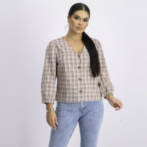 Womens Plaid Buttoned Top Ivory Combo