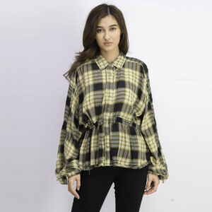 Womens Plaid Ruched-sleeve Pacific Dawn Shirt Black Combo