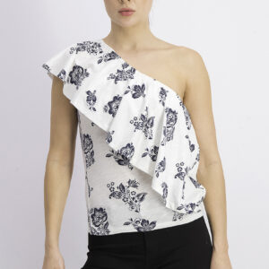 Womens Printed One Shoulder Top White/Navy