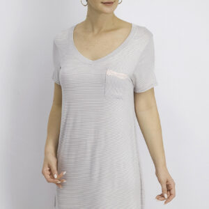 Womens Short Sleeve Stripe With Pocket Sleep Dress Grey