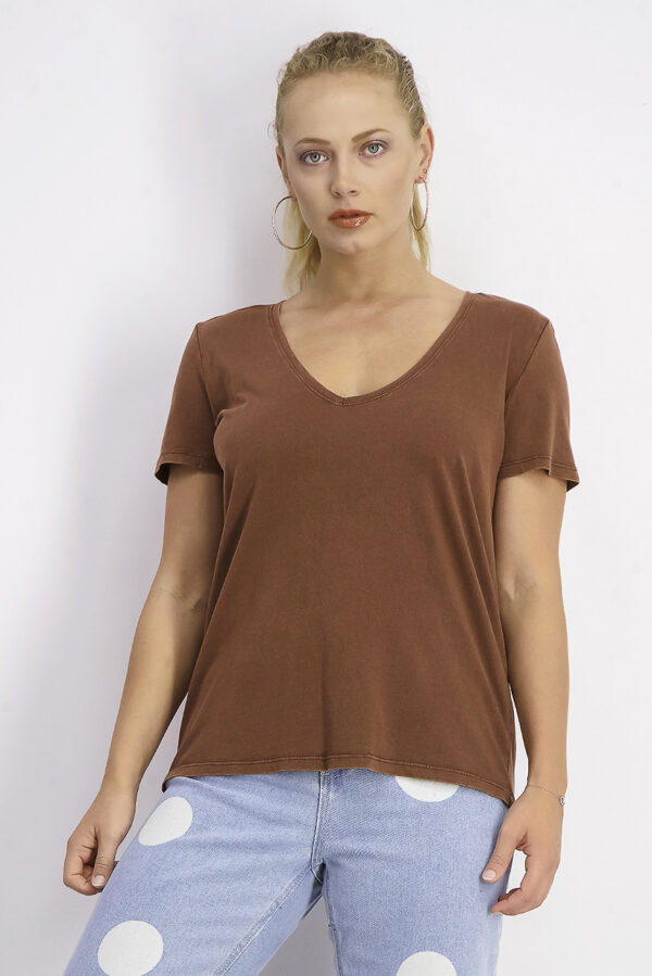 Womens Short Sleeve V-neck T-shirt Brown