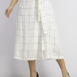 Womens Window Pane Bow Linen Skirt Off White